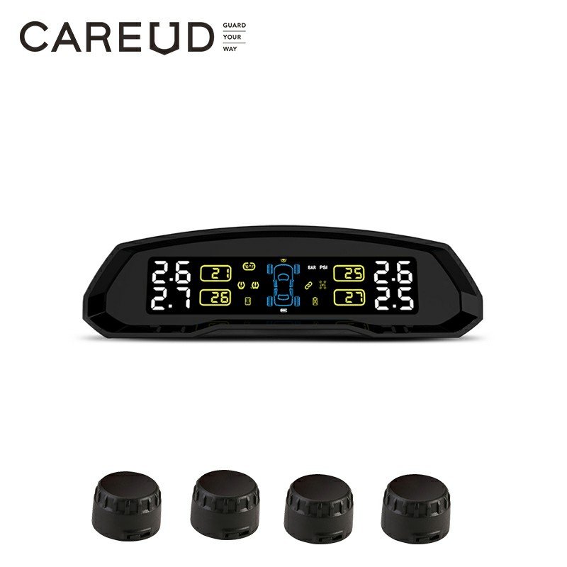 CAREUD Solar Power TPMS Car Tire Pressure Alarm Monitor Auto Security System Tyre Pressure Temperature Warning with 4 Sensors