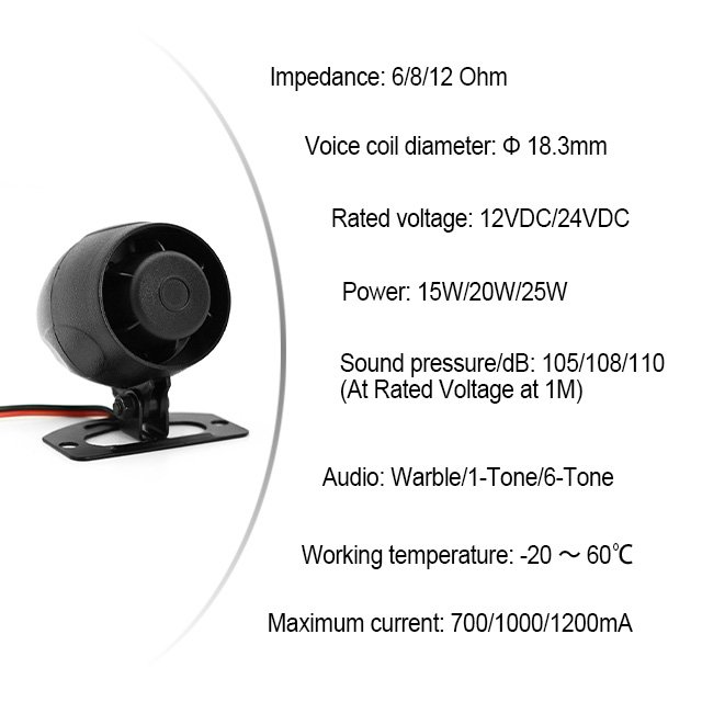 110db 20W 6 Tone Warning Siren High peak Automotive Siren Backup Alarm