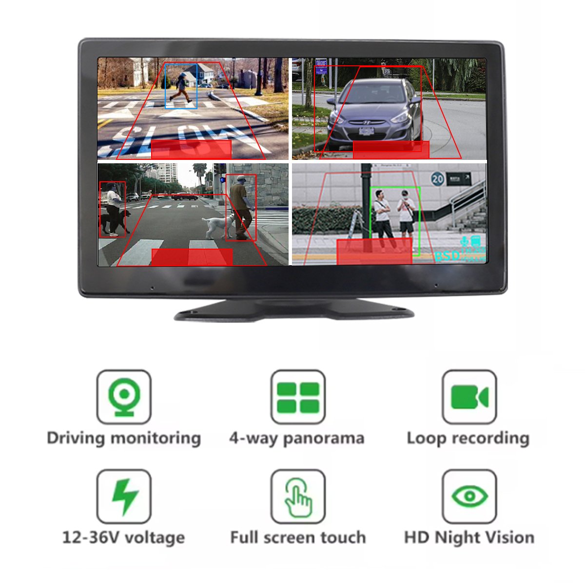 10 Inch Touch Screen 4CH Smart BSD Alarm Truck Bus Car DVR Video Recorder Monitor with 4 PCS AHD 1080P IR Night Vision Cameras