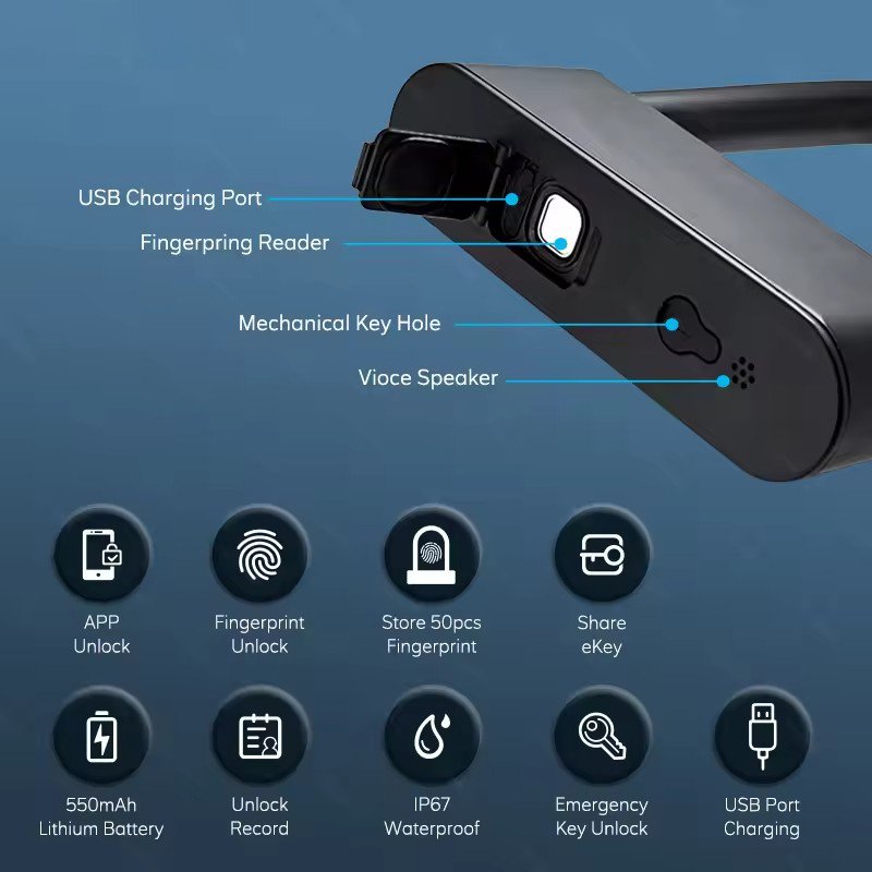 TTlock Fingerprint Bicycle Electronic Smart Anti-theft Security Portable Smart Door Lock Anti-pry Smart U Lock