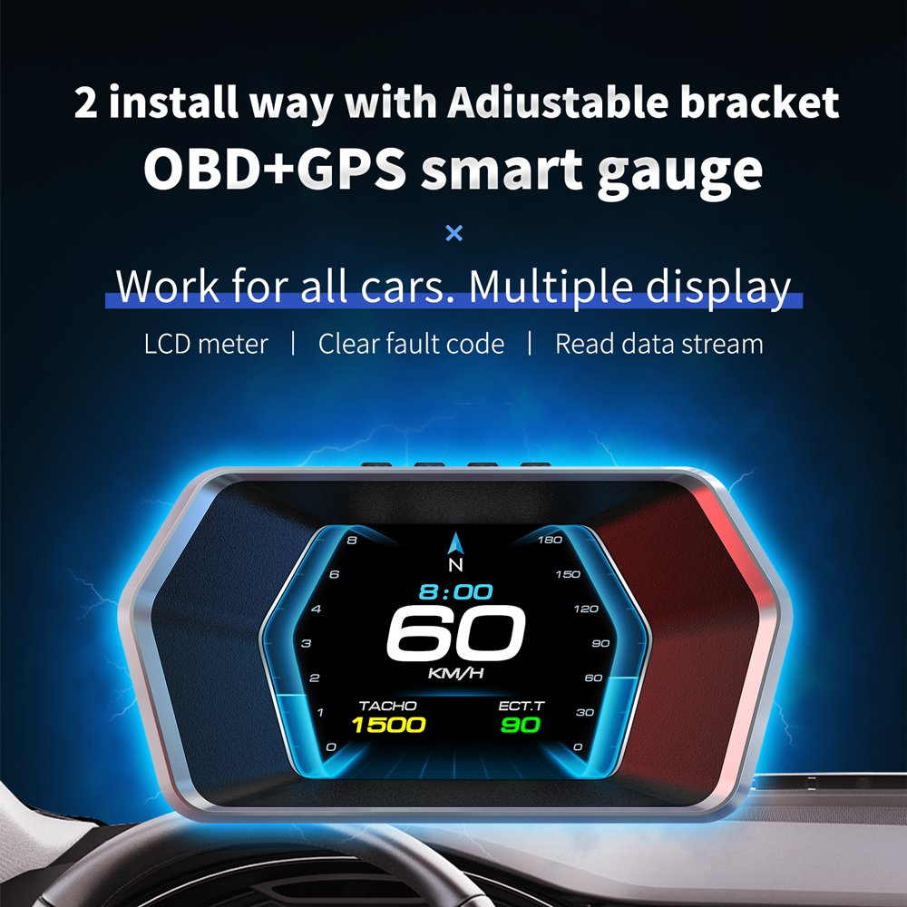 WIIYII OBD2+GPS Turbo Pressure P17 Head up Displays Obd2 Gauge Car Accessories Hud Obd2 Scanner for Vehicle