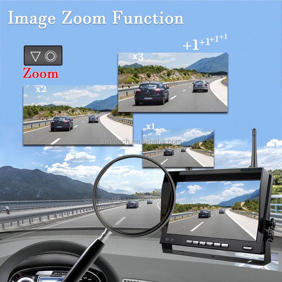 Awintech Wireless 7'' AHD Blind Spot Radar BSD Alarm DVR Recorder IPS Split Screen Truck Monitor with 4 PCS IR Camera for Bus RV