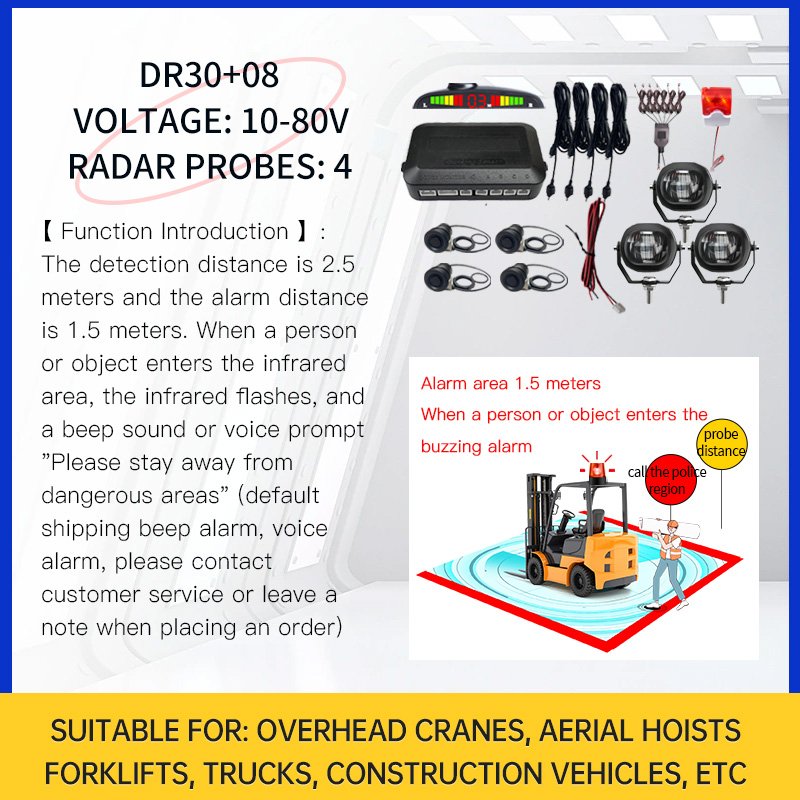 Forklift Reversing Assistance System, radar Detector LED10-80V Area Buzzer Voice Alarm, Forklift Collision Prevention System