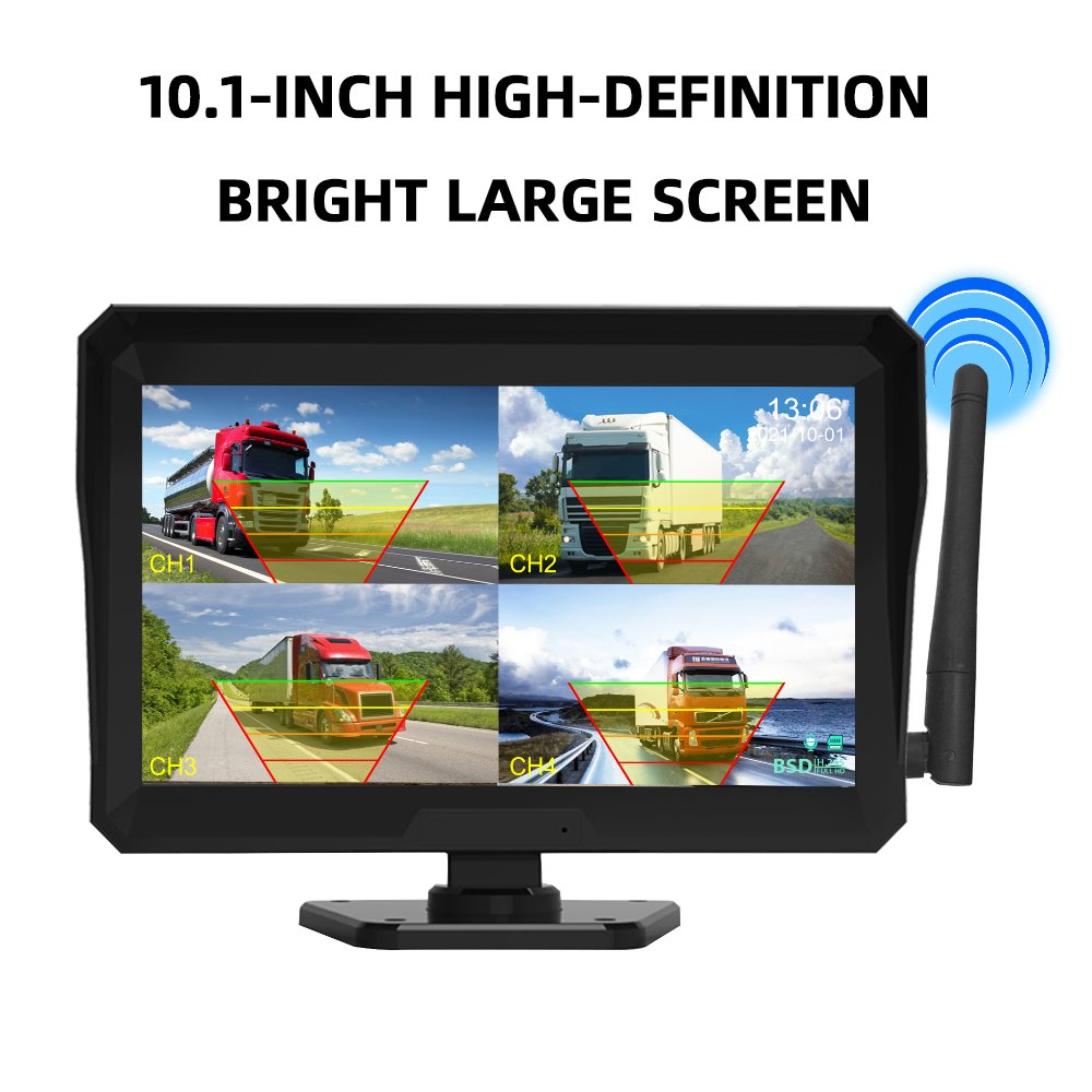 Wireless 10.1'' Blind Spot Alarm AHD Monitor Screen DVR Record IR Night Vision Reverse Backup Camera 4CH for Truck/Bus/RV/SUV