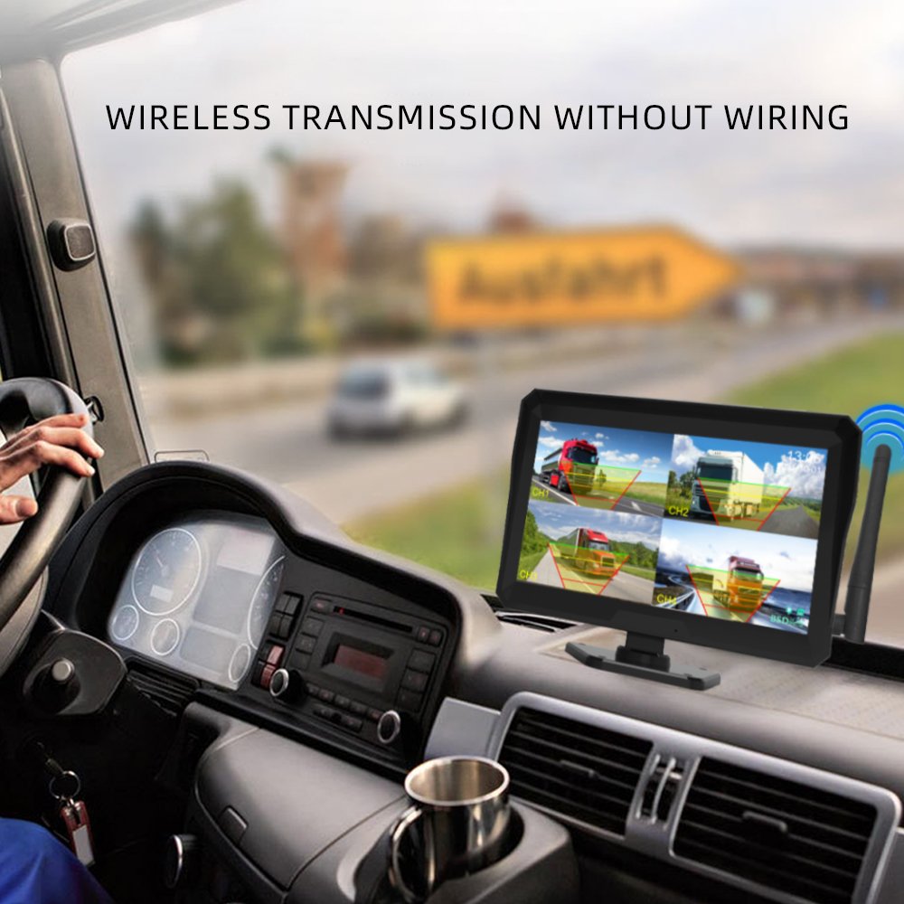 Wireless 10.1'' Blind Spot Alarm AHD Monitor Screen DVR Record IR Night Vision Reverse Backup Camera 4CH for Truck/Bus/RV/SUV