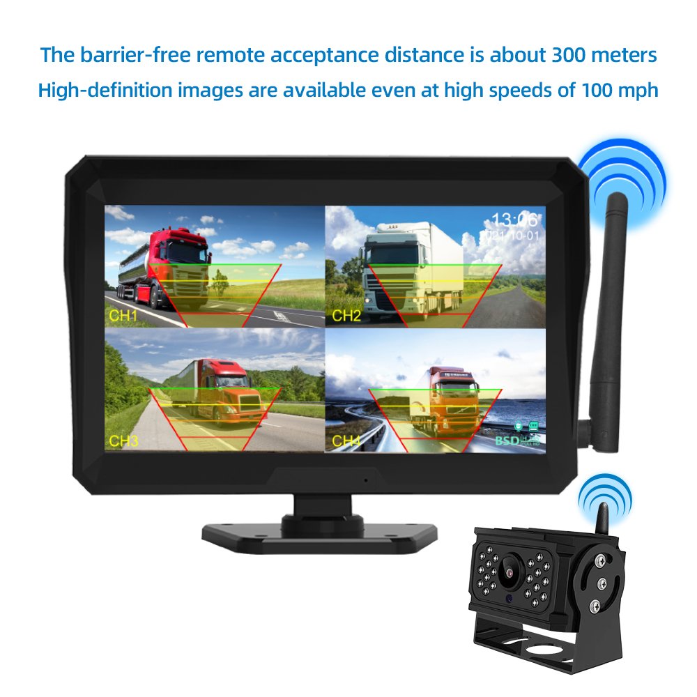 Wireless 10.1'' Blind Spot Alarm AHD Monitor Screen DVR Record IR Night Vision Reverse Backup Camera 4CH for Truck/Bus/RV/SUV
