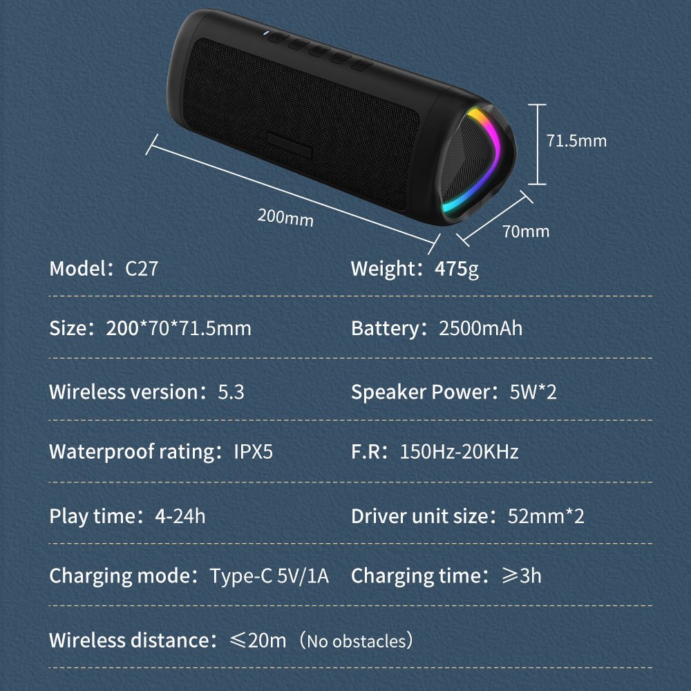High Quality Good Stereo Sound Bluetooth Speaker Portable Wireless Speaker with RGB Light for Outdoor Home Party Stereo Battery