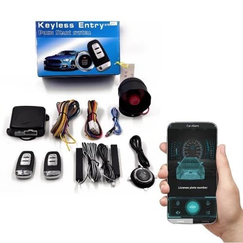 CARQSENG Smart Keyless Entry Car Alarms with Remote Start/Stop and PKE One Way 12V BT Phone App Control