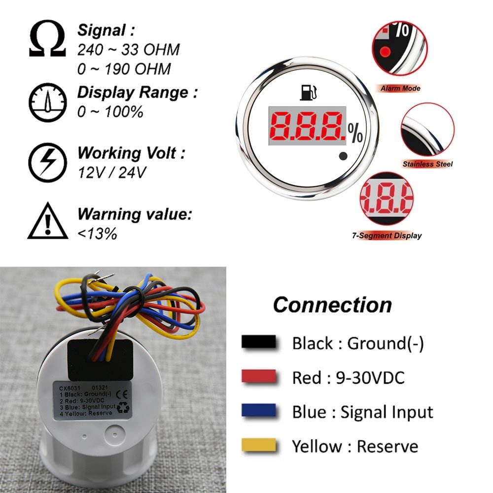 52mm Waterproof IP67 Car Boat Fuel Level Gauge with Alarm 0-190 Ohm Fuel Level Sensor Oil Tank Indicator Fit Marine RV Truck Car