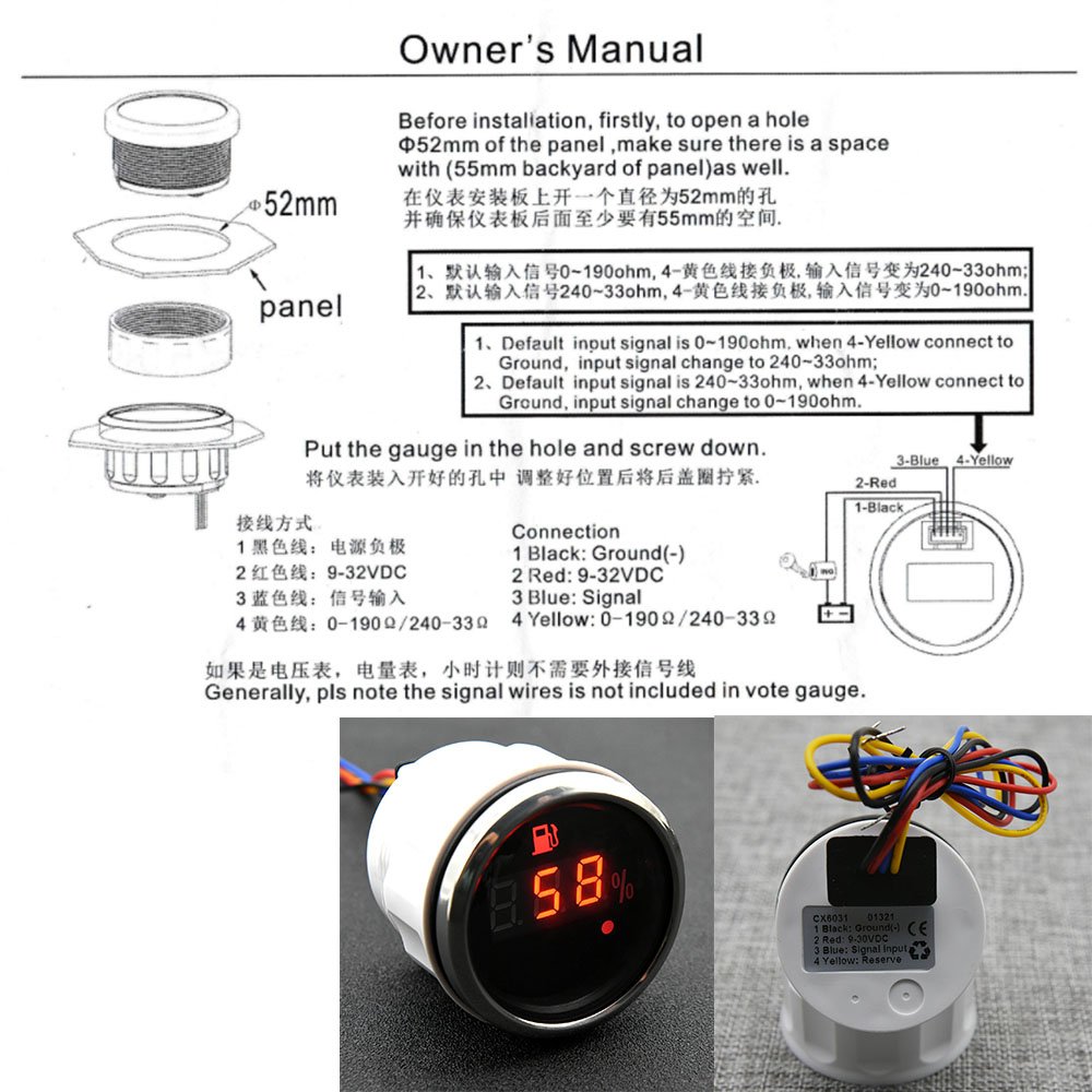 52mm Waterproof IP67 Car Boat Fuel Level Gauge with Alarm 0-190 Ohm Fuel Level Sensor Oil Tank Indicator Fit Marine RV Truck Car