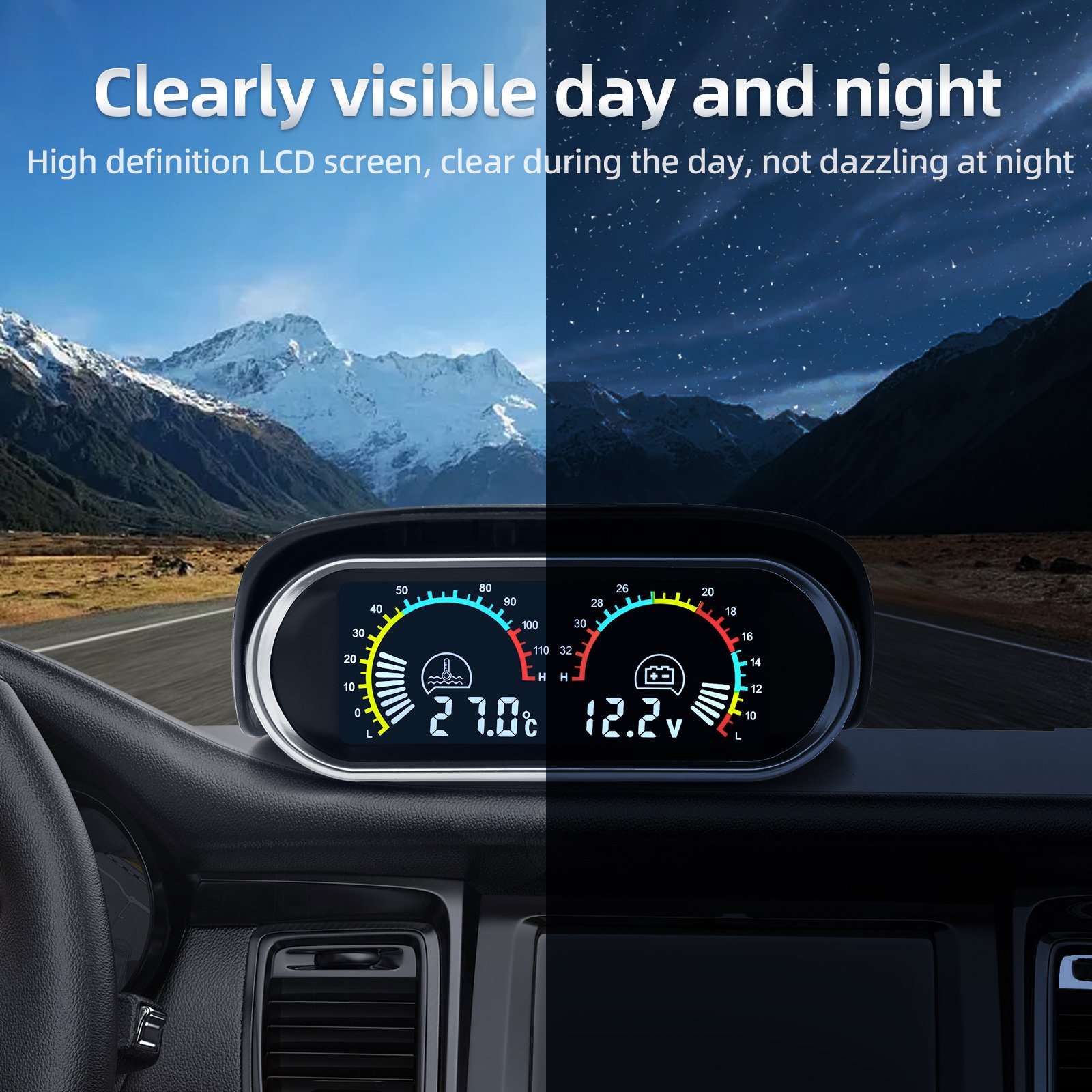 2In 1 Universal Car Horizontal Fuel Gauge & Water Temperature & Voltage 12v Voltmeter Oil Press Digital LCD RPM Tachometer 9~36v