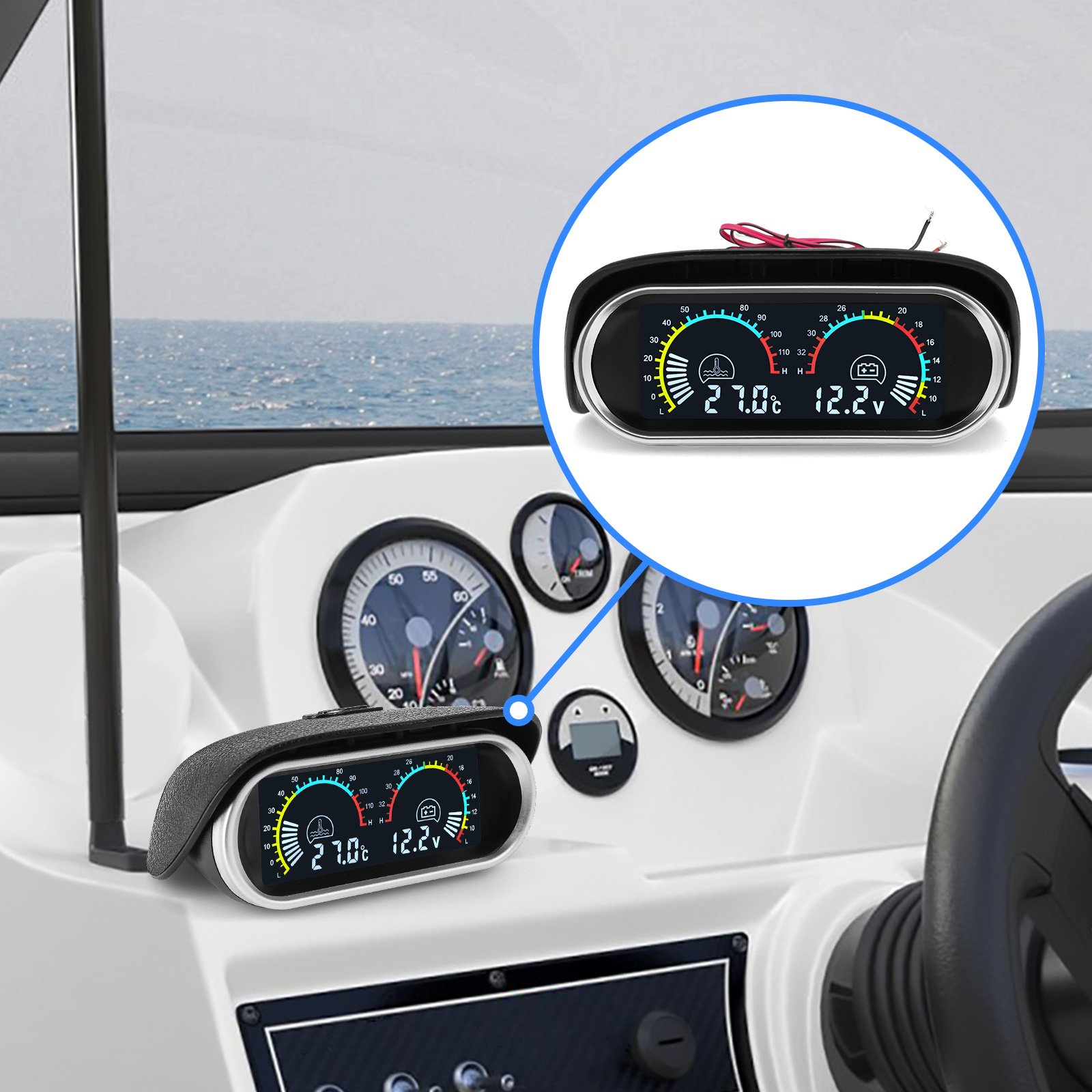 2In 1 Universal Car Horizontal Fuel Gauge & Water Temperature & Voltage 12v Voltmeter Oil Press Digital LCD RPM Tachometer 9~36v