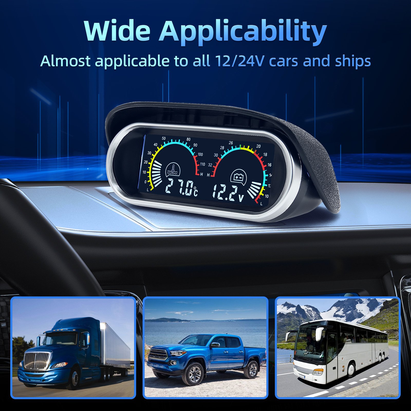 2In 1 Universal Car Horizontal Fuel Gauge & Water Temperature & Voltage 12v Voltmeter Oil Press Digital LCD RPM Tachometer 9~36v