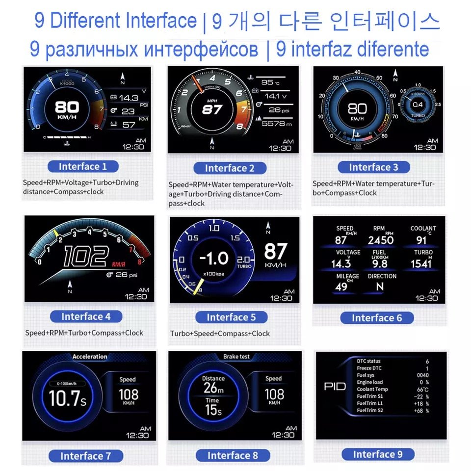 Popular Car Universal Multi-functional OBD2 Water Temperature boost Speed Oil Pressure Gauge Head-up Display Instrument