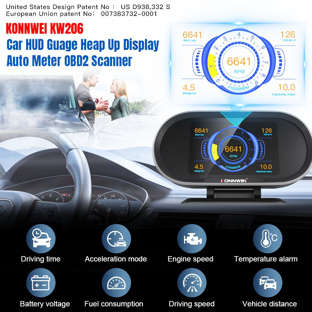 Hud Heads up Display Automotive Diagnostic Tools OBD2 Scanner Car Hud Head up Display KONNWEI KW206 OBD Gauge With Car Alarms