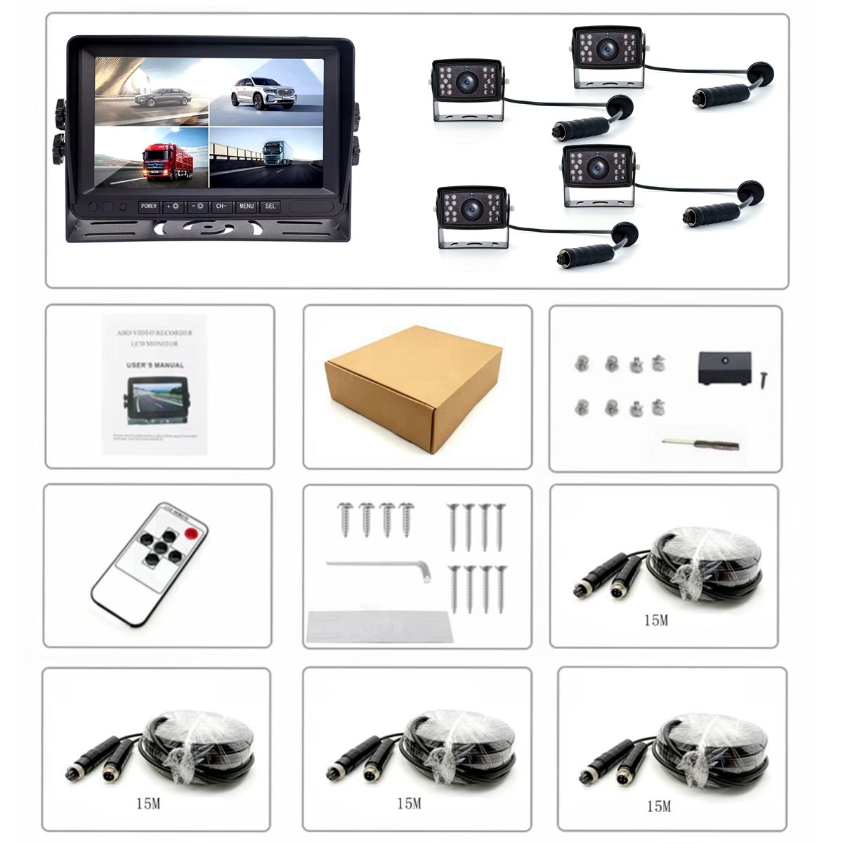 PWAS Private Mold 7 Inch AI BSD Spot Blind Human Vehicle Detection Quad View Monitor DVR 2MP Cameras AI BSD Kit