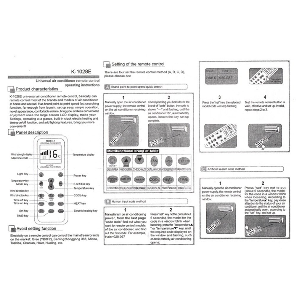Universel 1000 in 1 Airconditioner Afstandsbediening K-1028E One-Key Instelling Laag Stroomverbruik Ac Airconditioner Past Bij