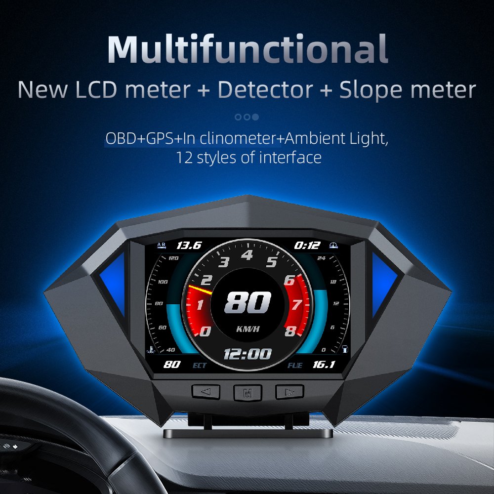 2023 New Hot P1 OBD OBD2 Meter OBDII Gauge Car HUD GPS Speedometer Voltage Water Oil Temp RPM Over-speed Alarm