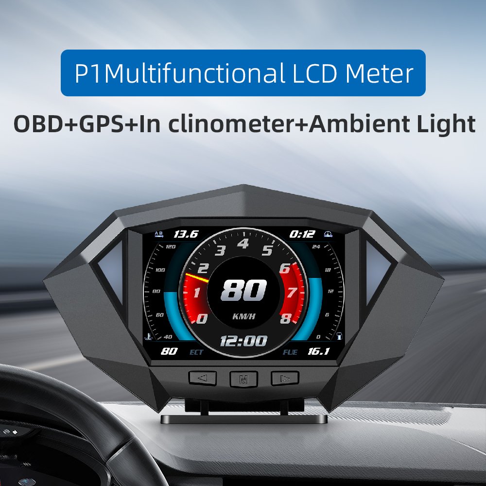 2023 New Hot P1 OBD OBD2 Meter OBDII Gauge Car HUD GPS Speedometer Voltage Water Oil Temp RPM Over-speed Alarm