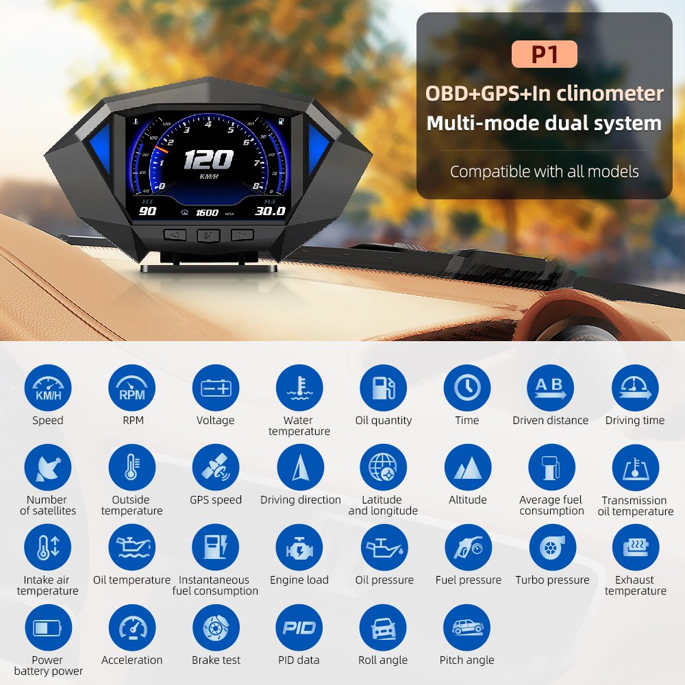 2023 New Hot P1 OBD OBD2 Meter OBDII Gauge Car HUD GPS Speedometer Voltage Water Oil Temp RPM Over-speed Alarm