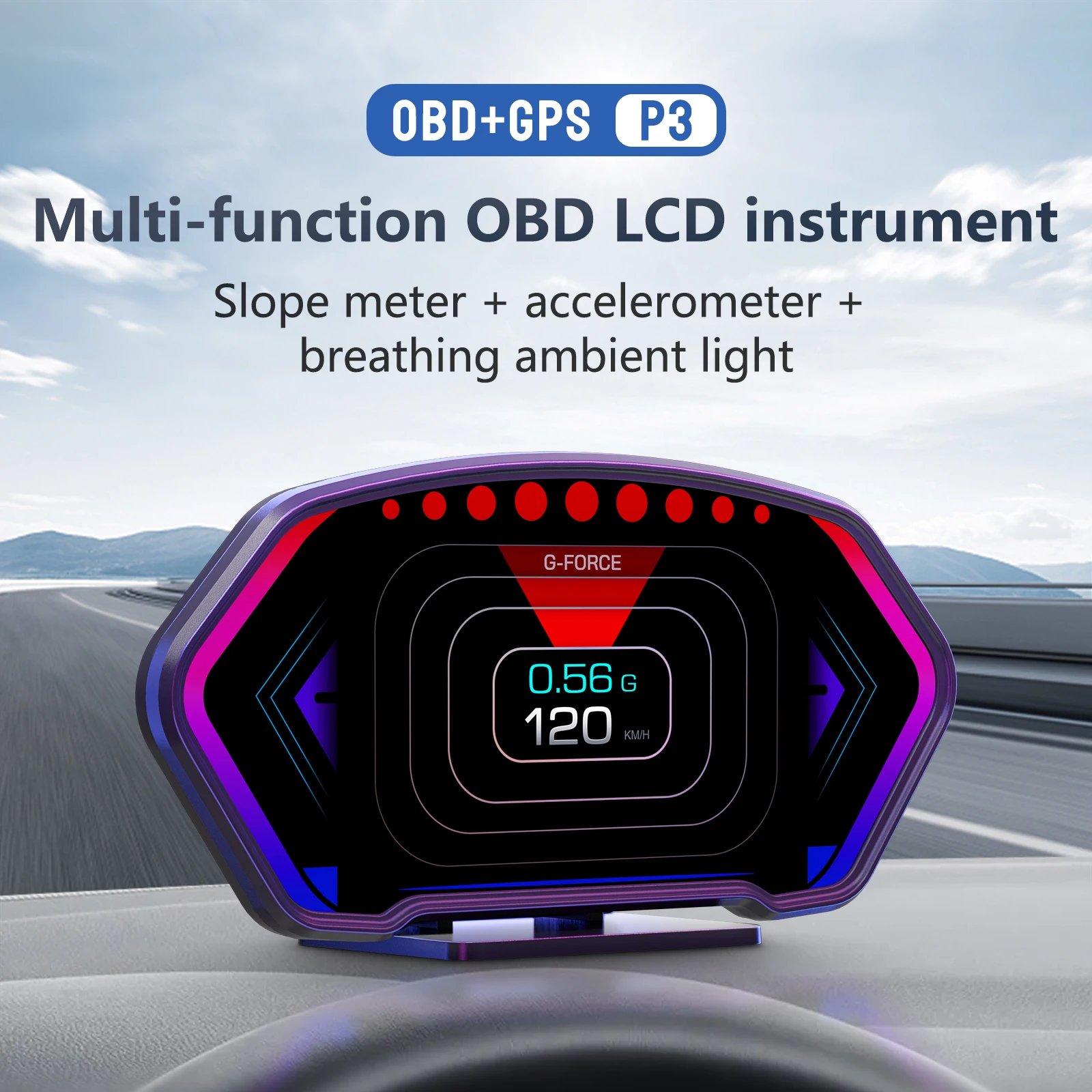 GPS On-board Computer P3 Car Head up Display OBD2 HUD Gauge Slope Meter Digital Speedometer Display RPM Water Temp Speed Alarm