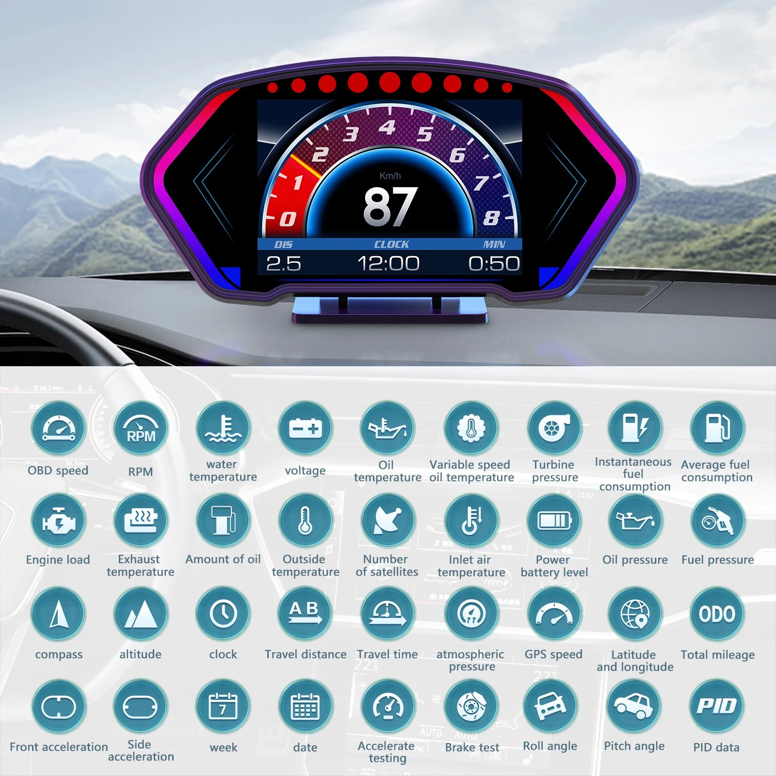 GPS On-board Computer P3 Car Head up Display OBD2 HUD Gauge Slope Meter Digital Speedometer Display RPM Water Temp Speed Alarm