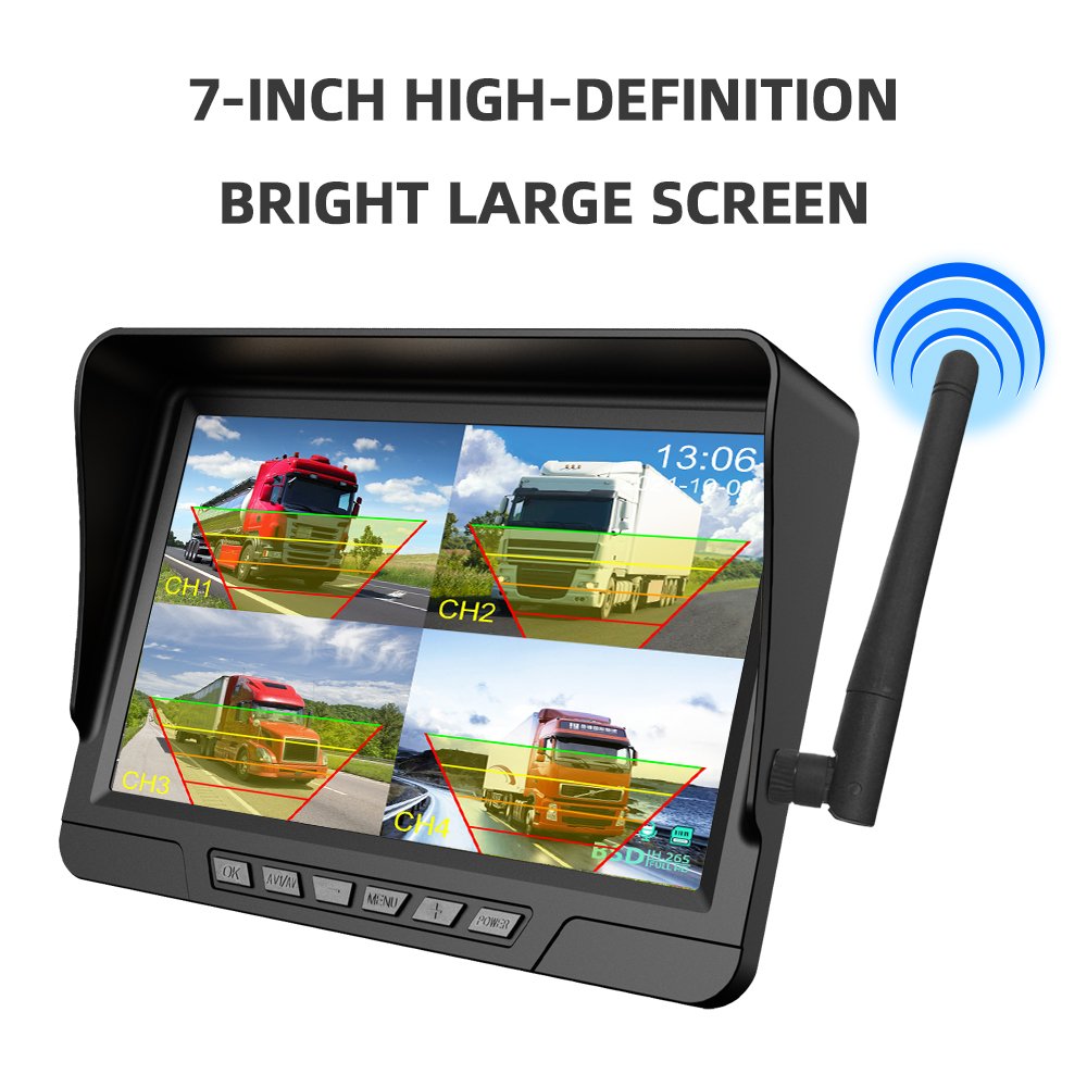 Wireless 7'' Blind Spot Alarm AHD Monitor Screen DVR Record IR Night Vision Reverse Backup Camera 4CH for Truck/Bus/RV/SUV
