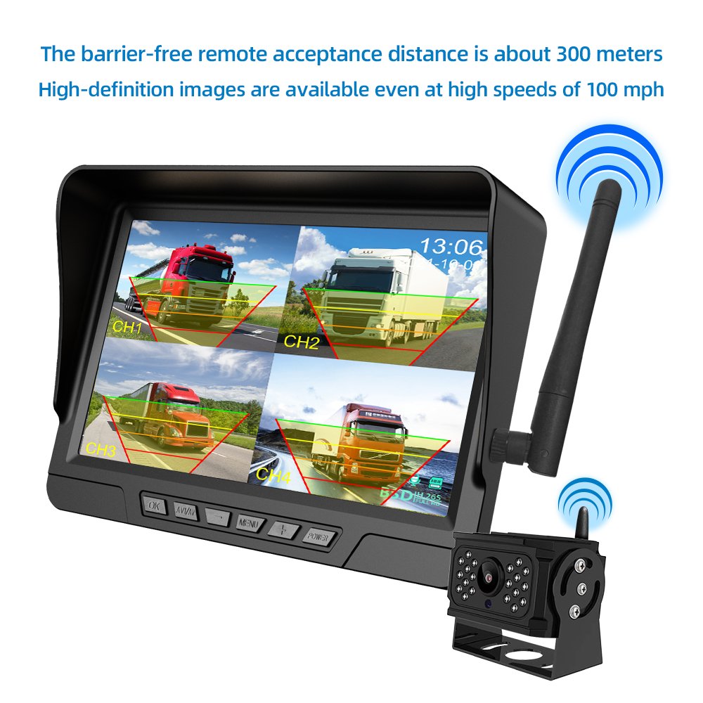Wireless 7'' Blind Spot Alarm AHD Monitor Screen DVR Record IR Night Vision Reverse Backup Camera 4CH for Truck/Bus/RV/SUV