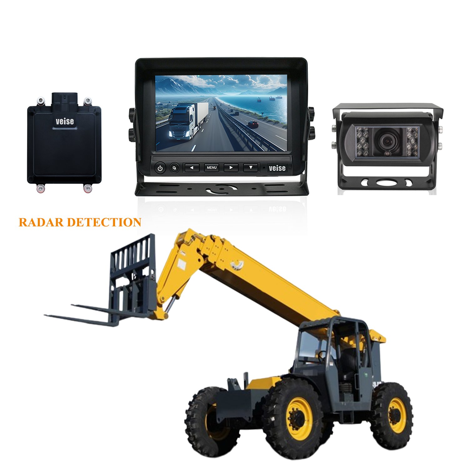 Backup Camera System with 77GHz Millimeter Wave Radar and Radar Alarm Monitor for Heavy-Duty Vehicle Excavator Forklift
