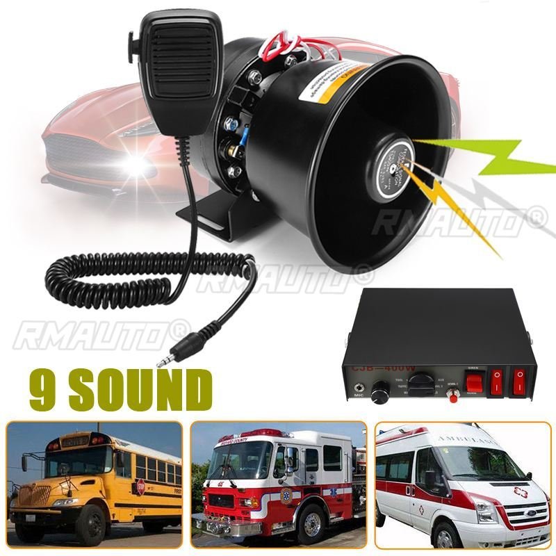 12V 400W 9 Tone Loud Car Warning Alarm Police Siren Horn Speaker Auto Horn 12V with MIC System and Wireless Remote Control