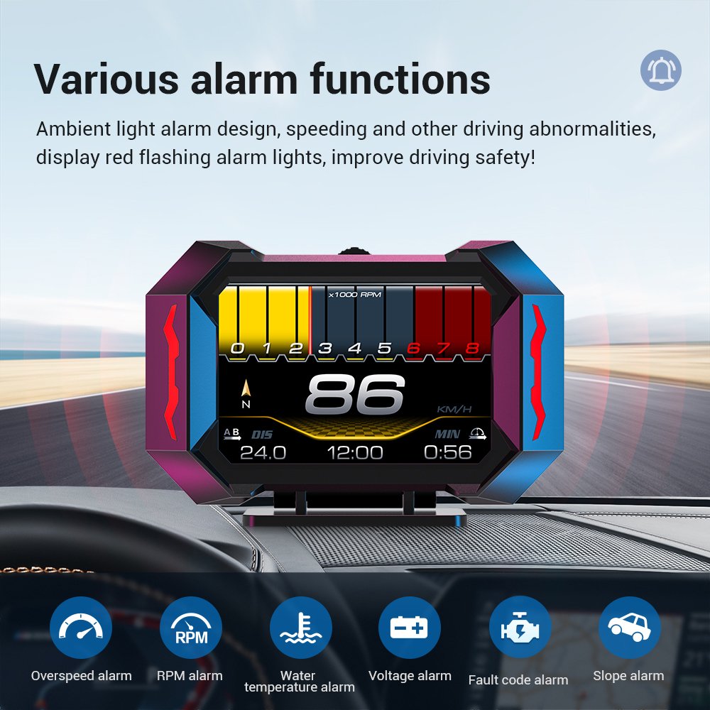 Multi-Function Car HUD Heads up Display OBD Water Temperature Fuel Consumption GPS Speedometer Speeding Alarm LCD Speedometer