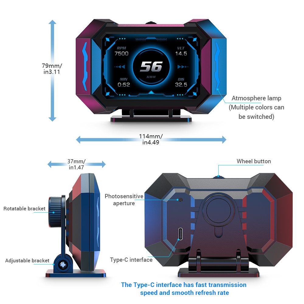 Multi-Function Car HUD Heads up Display OBD Water Temperature Fuel Consumption GPS Speedometer Speeding Alarm LCD Speedometer