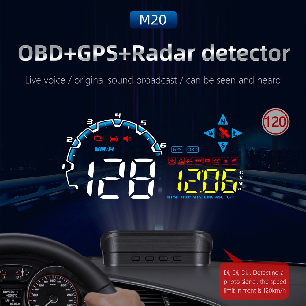 M20 Car HUD Head up Display Gauge OBD GPS with Radar Detector Electronic Dog Dual System Display Car Electronics Speedometer