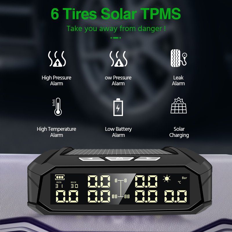 Auto Security Alarm Solar Smart Car TPMS Save Fuel Tire Pressure Monitoring System Digital LCD Display 6 Sensors Vans RV 8 bar