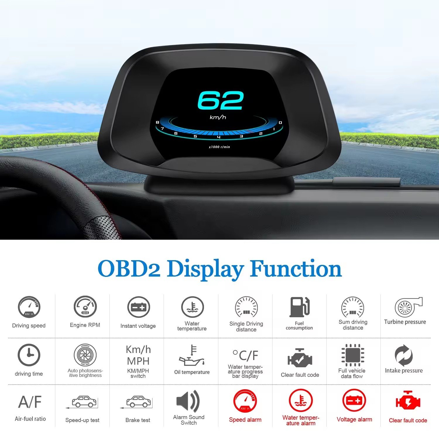 OBD2+GPS Navigation HUD P19 New Hot Selling Over Speed Alarm and Smart Gauge Auto Diagnostic Tool Tpms Display Meter