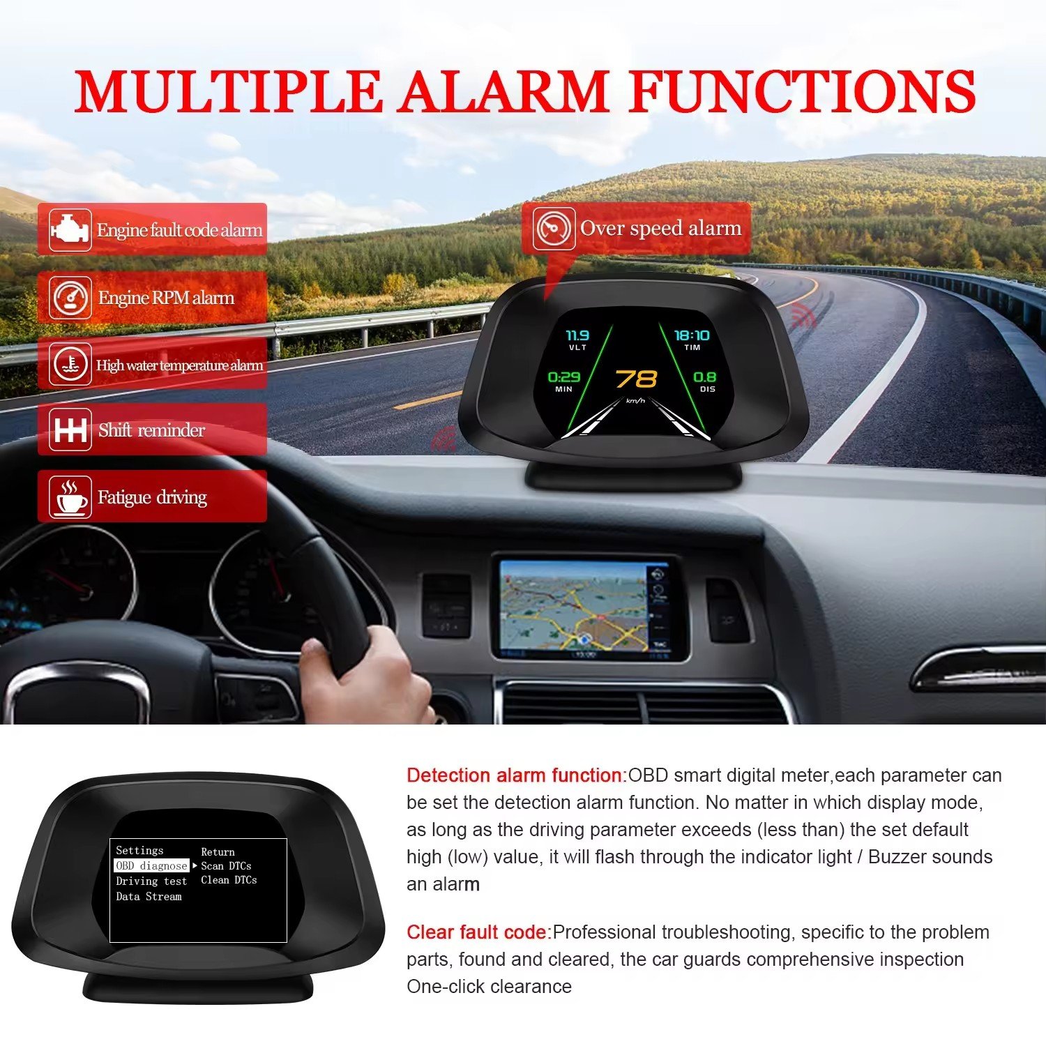 OBD2+GPS Navigation HUD P19 New Hot Selling Over Speed Alarm and Smart Gauge Auto Diagnostic Tool Tpms Display Meter