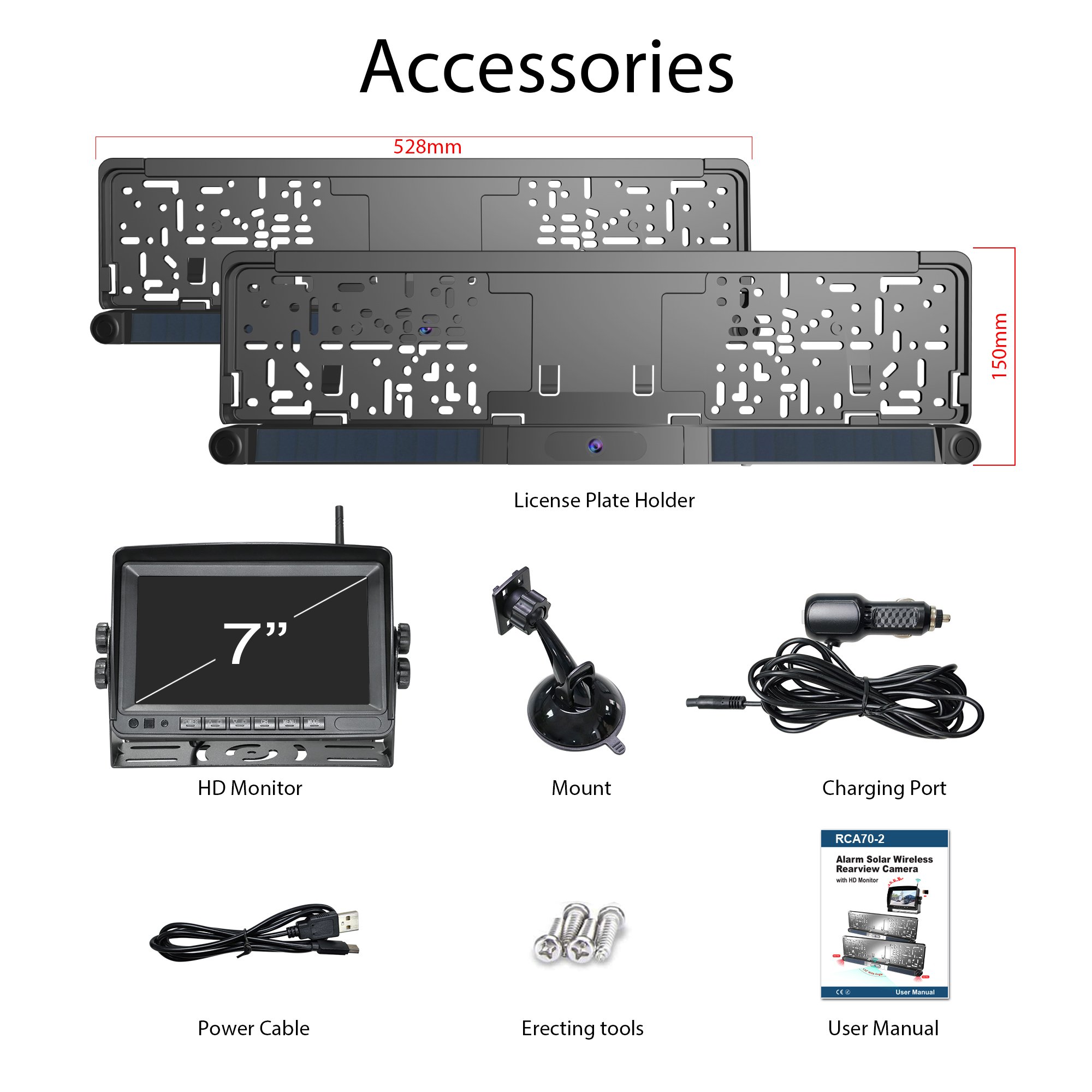 Car Backup Camera Wireless Wide View 170 Degree WiFi 720P HD Car Solar Security Rear View Camera with 7 Inch Monitor