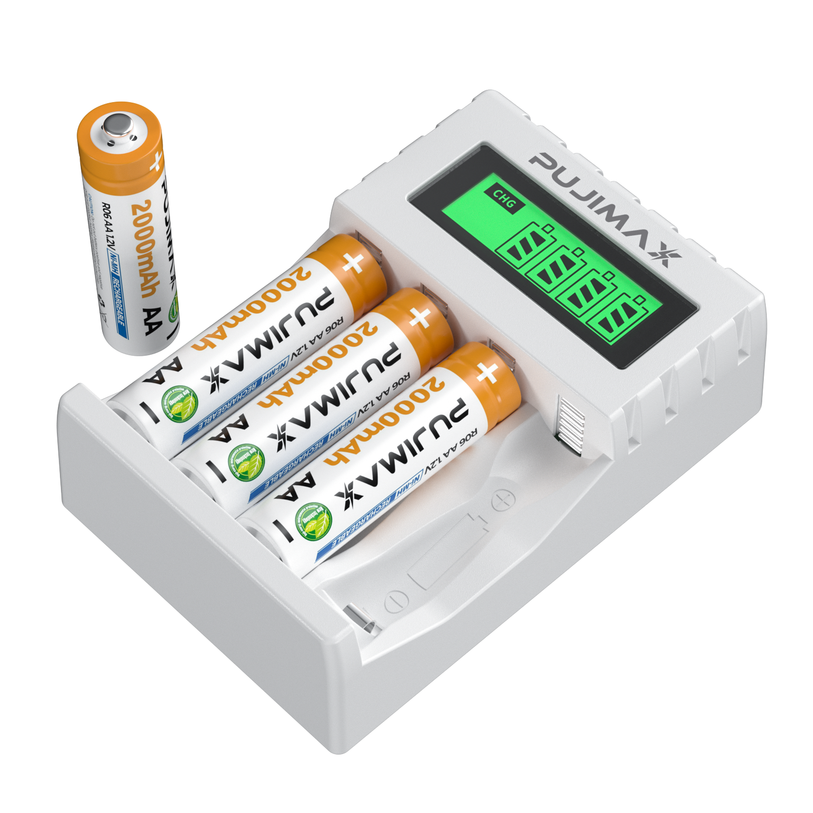 PUJIMAX Aa Aaa Battery Charger 4 Slots Smart Lcd Nimh Nicd Battery Charger with 4pcs 1.2v Aa Nimh Rechargeable Battery 2000mah