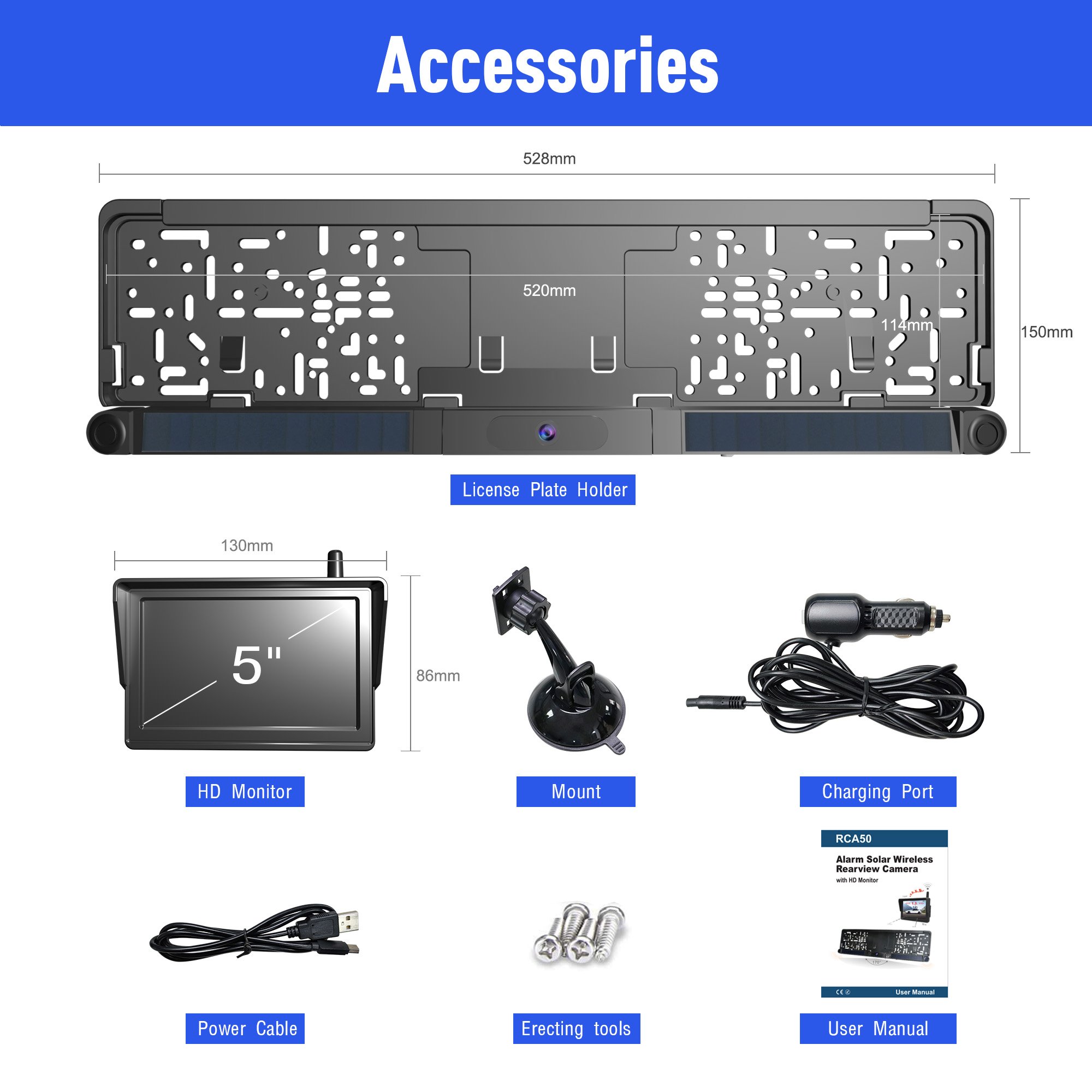 5 Inch Solar 2.4GHz Digital Wireless WIFI Car Rear View Parking Sensor Camera for Car European License Frame