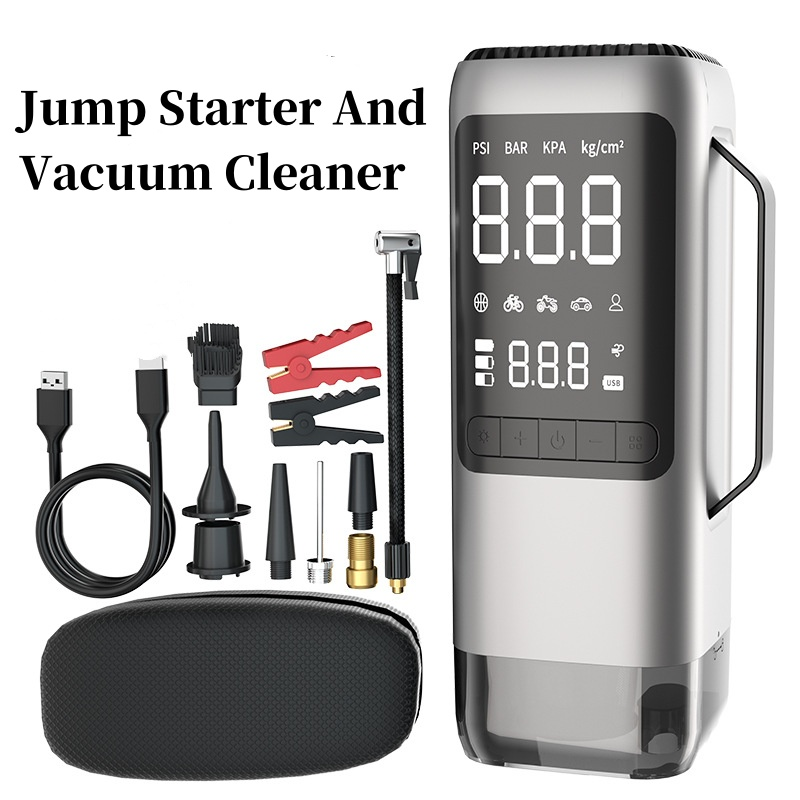 5 in 1 8000mAh Car Inflator with Jump Starter and Vacuum Cleaner Power Bank Battery Booster With Emergency Alarming