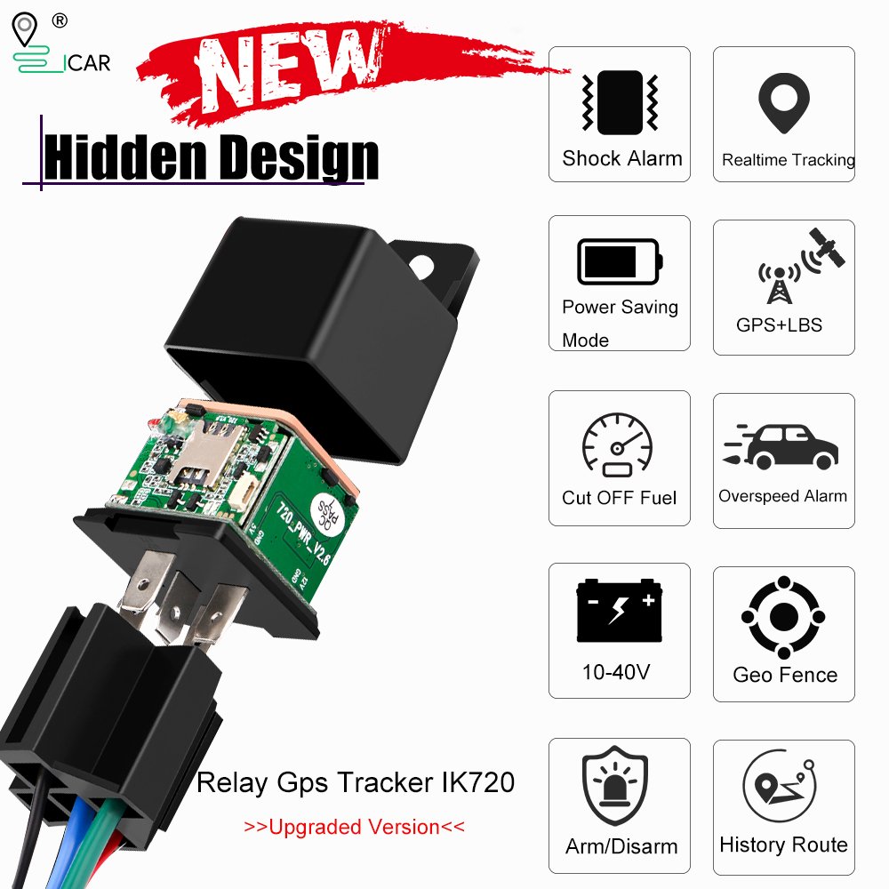 IK720- ACC Detection 4G Relay Shape GPS Tracker for Car Motorcycle Vehicle Real-time Tracking Device with Google Map on Free APP