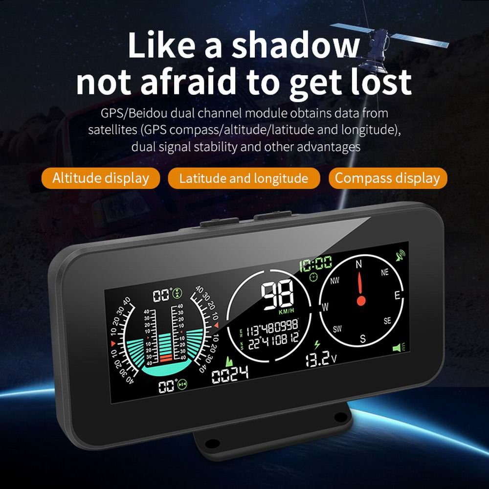 Vjoycar 2023 Car Gps Slope Meter Color Screen Automotive Hud Head up Display Angle Speed Kmh Mph Overspeed Alarm Inclinometer