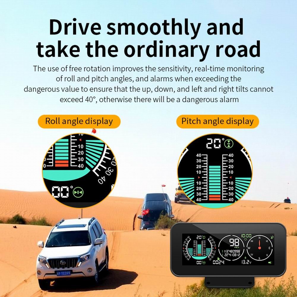 Vjoycar 2023 Car Gps Slope Meter Color Screen Automotive Hud Head up Display Angle Speed Kmh Mph Overspeed Alarm Inclinometer