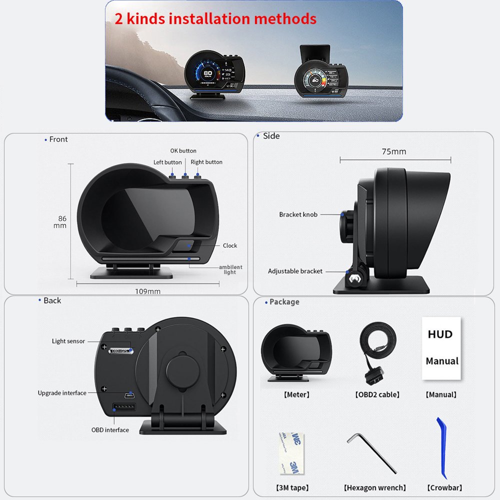Vjoycar Hot Selling Car Hud Obd2 Gps Multi-function Dashboard V60 OBD Gauge LCD Meter Vehicle Head up Display