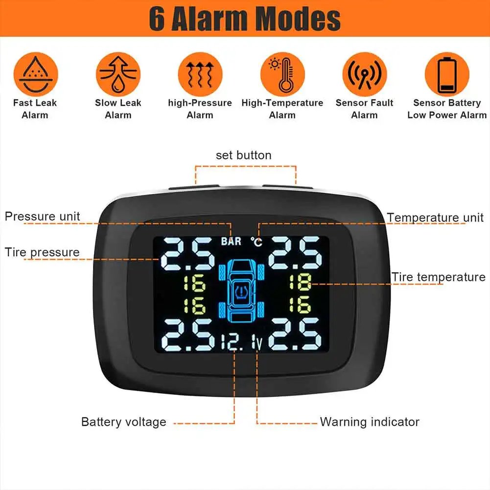 Tire Pressure Monitoring System TPMS Wireless Adjustable Display Angle with 4 Waterproof External Sensors Auto Alarm Real-time