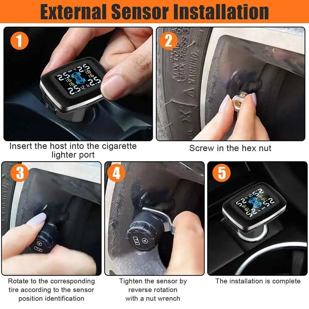 Tire Pressure Monitoring System TPMS Wireless Adjustable Display Angle with 4 Waterproof External Sensors Auto Alarm Real-time