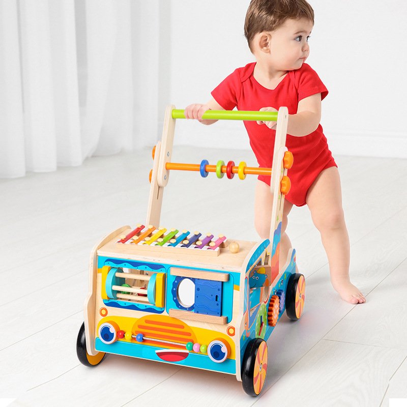 Early Education Building Blocks Walkers for Baby and Young Children Hand Push Walking Car with Alarm Clock Kapping Matching Toy