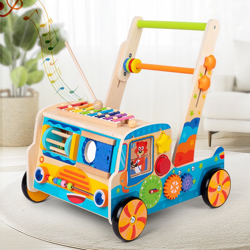 Early Education Building Blocks Walkers for Baby and Young Children Hand Push Walking Car with Alarm Clock Kapping Matching Toy