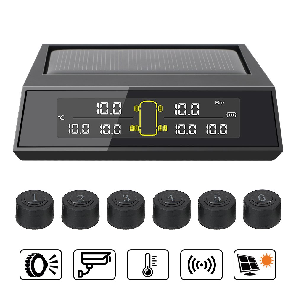 TPMS Sensor Tire Pressure Monitoring System With 6Pcs Sensors Solar Power LCD Color Screen Truck Car Tyre Pressure Range 0-8 Bar
