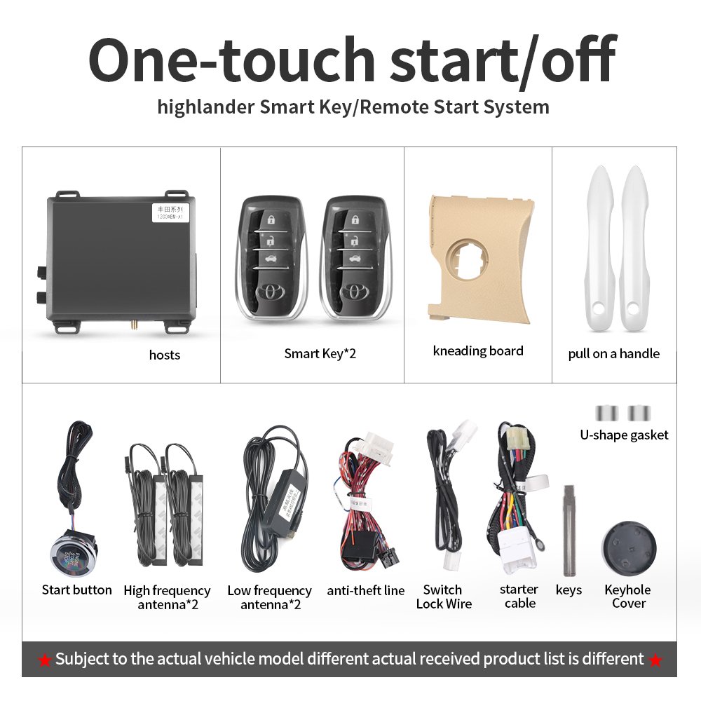 For Toyota Highlander Car Alarm With Autostart Push One Button Auto Start Stop Keyless Entry System Smart Key Phone Remote Kit